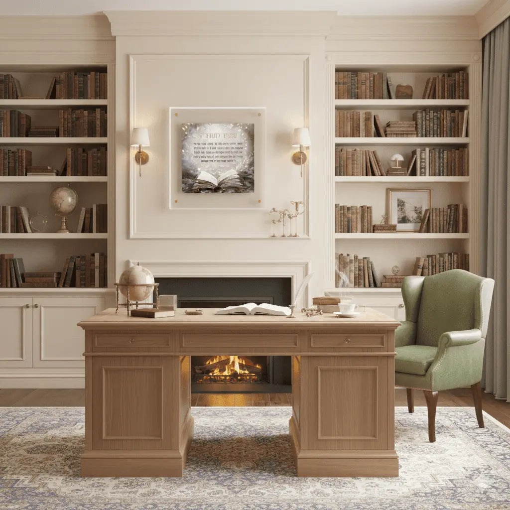 Mizmor Lesoda panel hung above a fireplace in a book-lined study with brass sconces