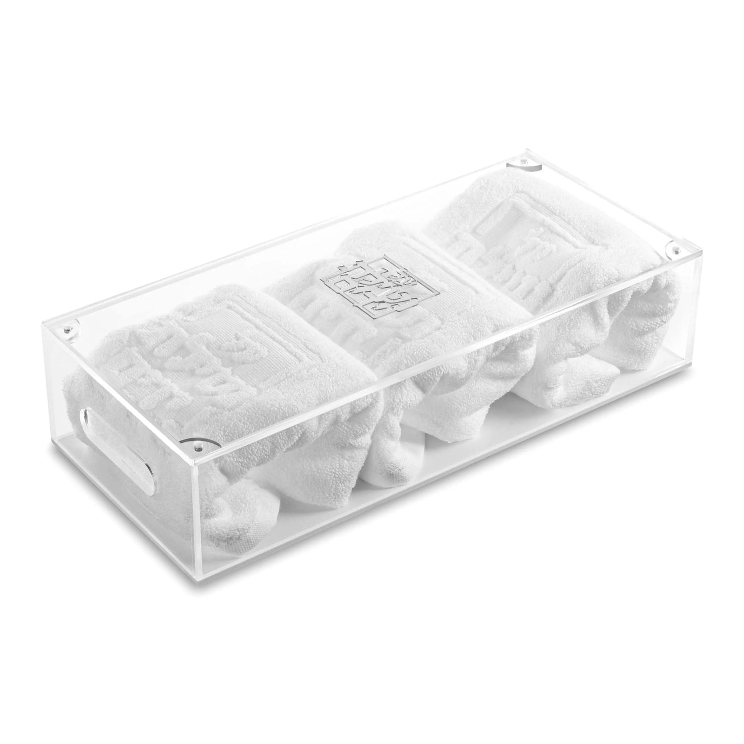 Netilas Yadayim Towel Box with Towels — reverse view | Judaica Square Lakewood