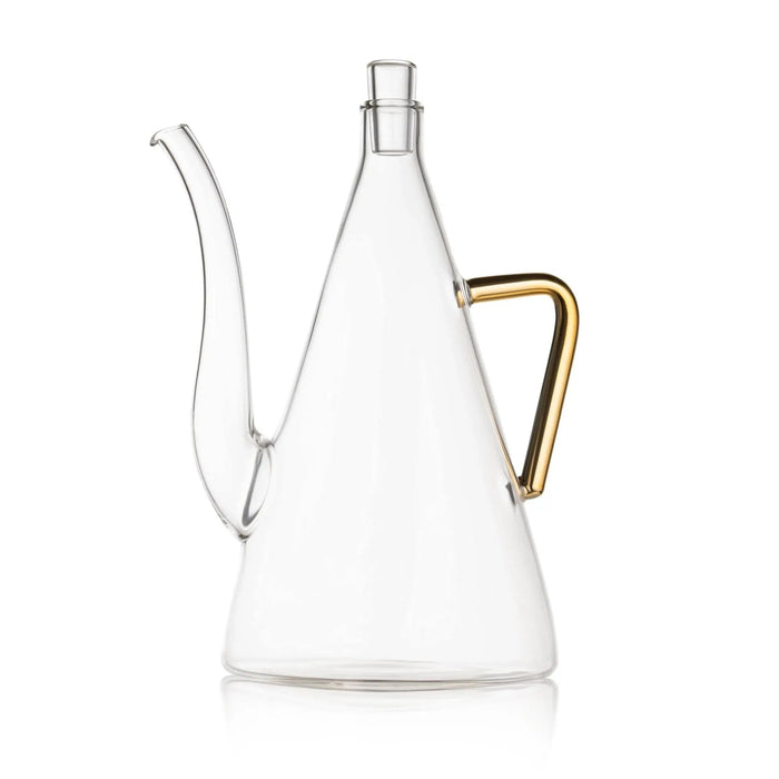 Clear glass oil jug with gold handle, long curved pour spout and fitted glass stopper