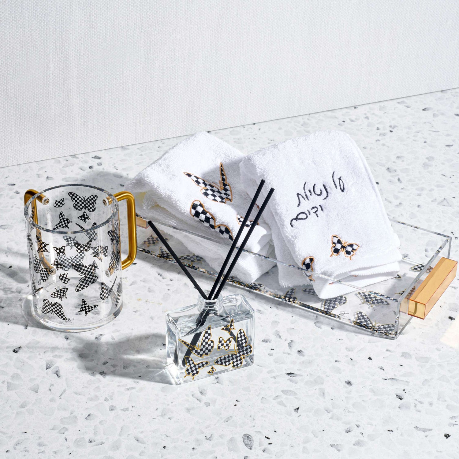 Netilas Yadayim Onyx Butterfly Hand Towel — styled in-room | Judaica Square Lakewood