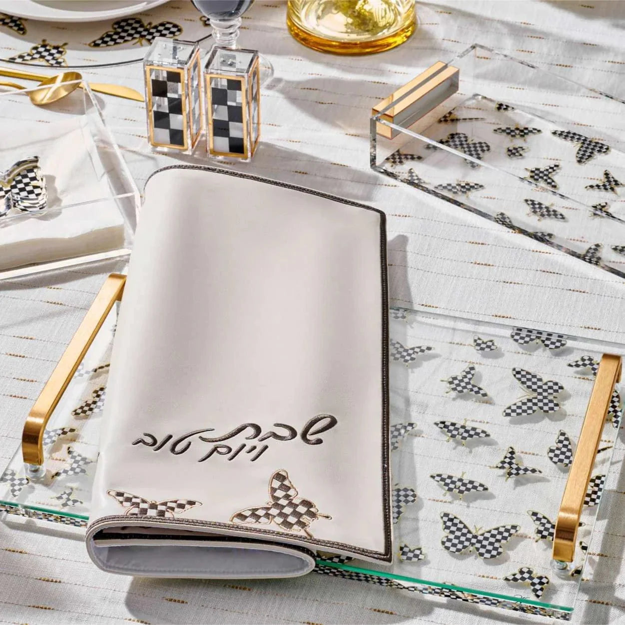 Onyx Butterfly Challah Board & Cover Set — detail view | Judaica Square Lakewood