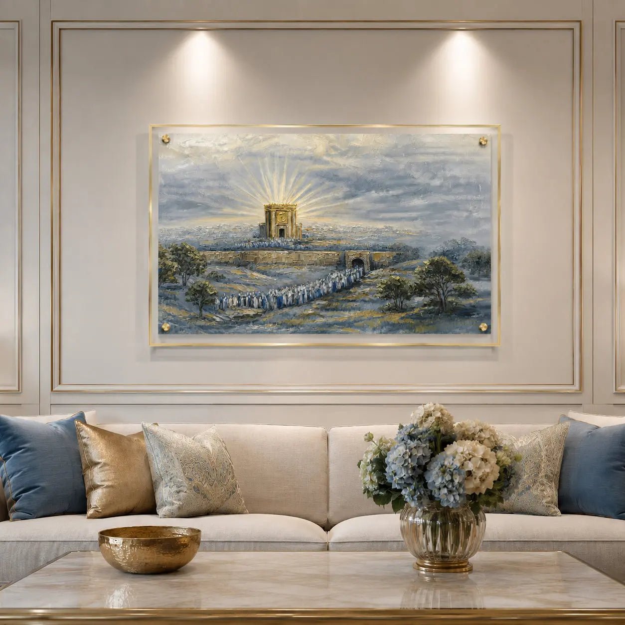 The House of Yearning — layered neutrals and blues with a gold border