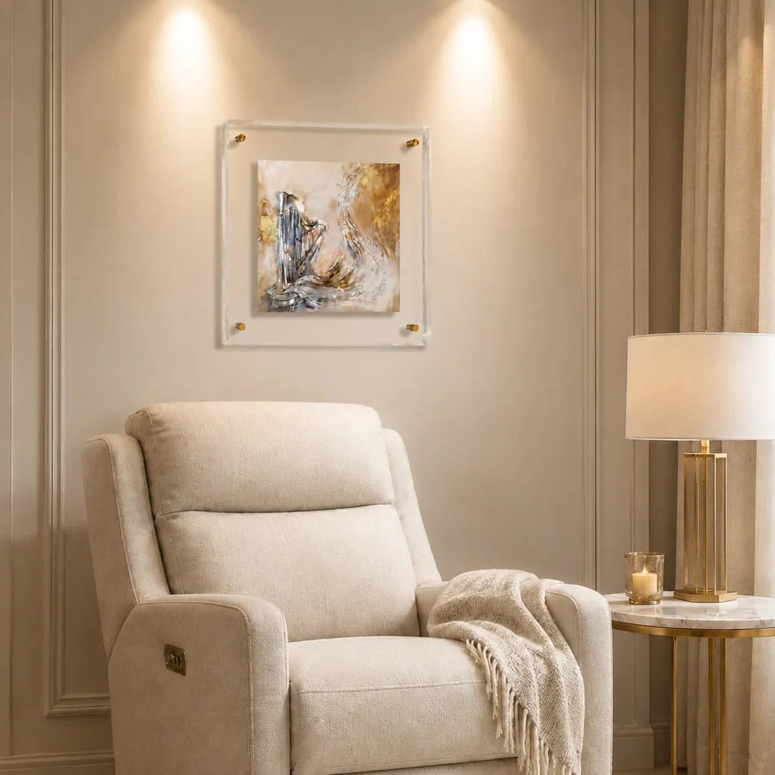 Hodu LaHashem harp panel hung above a cream armchair in a softly lit living room