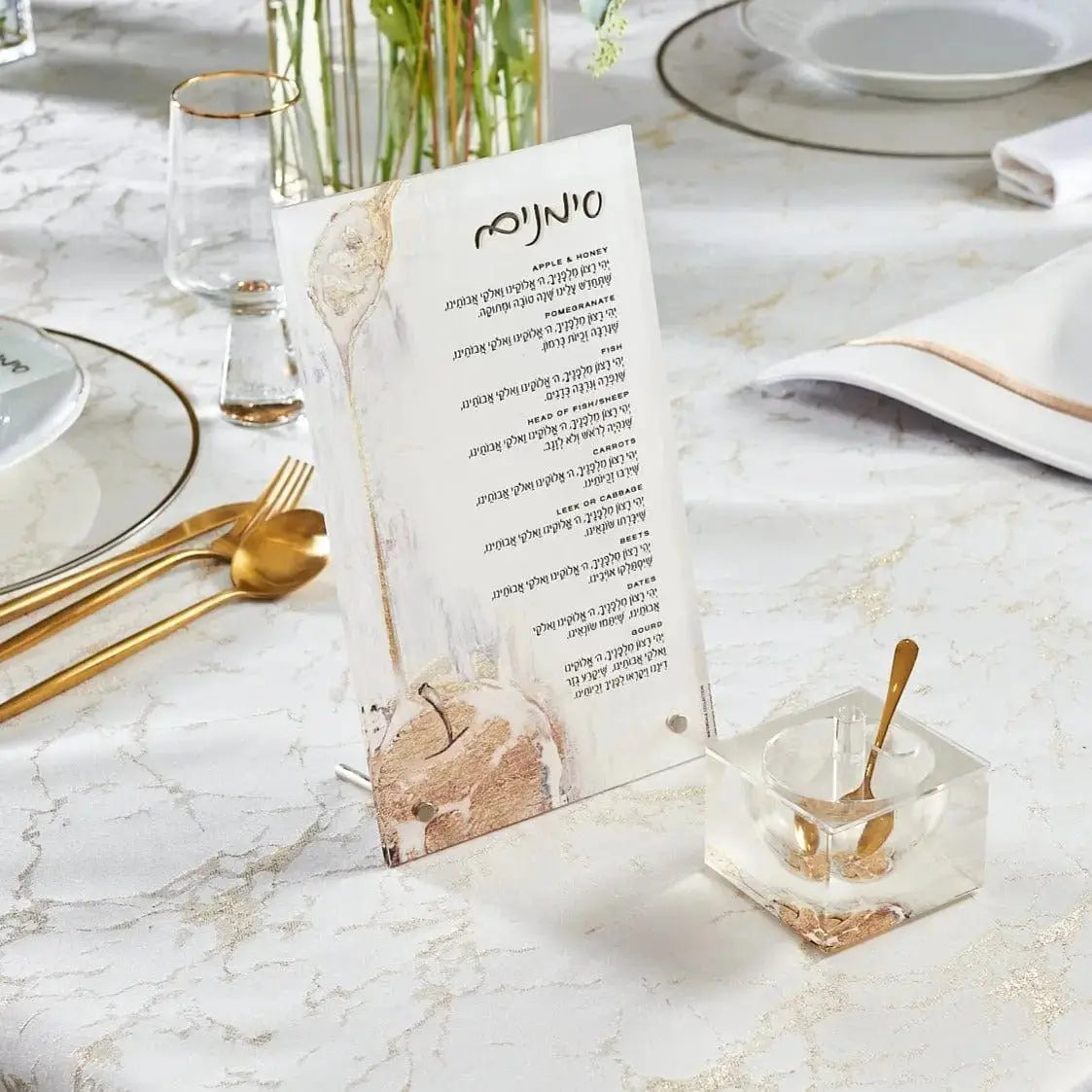 Painted Gold Simanim Tabletop by Zelda — apple and honey painting on clear lucite with gold detail — crystal-clear lucite