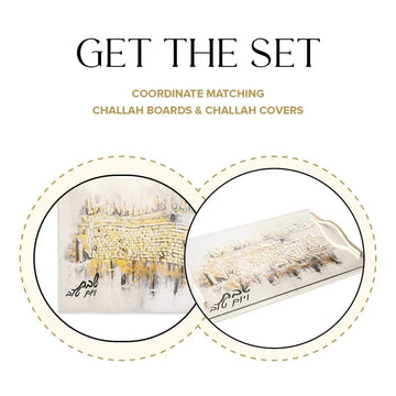 Get the set graphic pairing the painted Kosel challah board with its matching cover