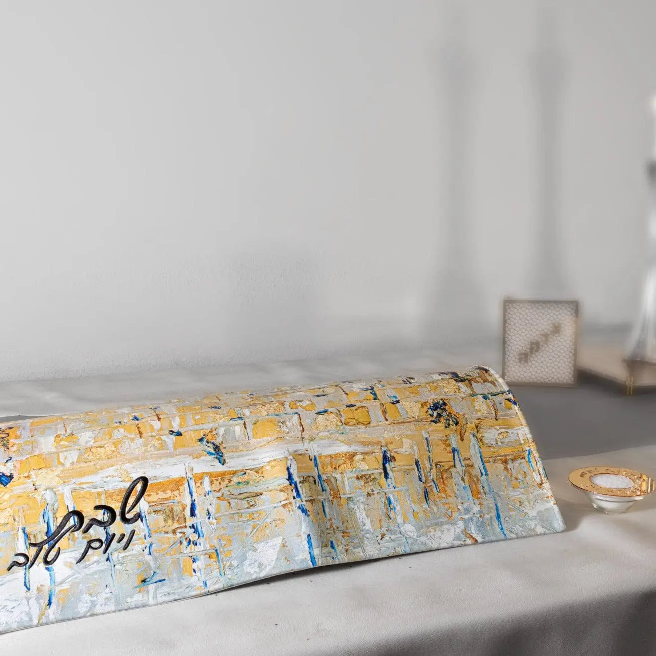 Painted Kosel of Gray & Gold Challah Cover | Judaica Square Lakewood