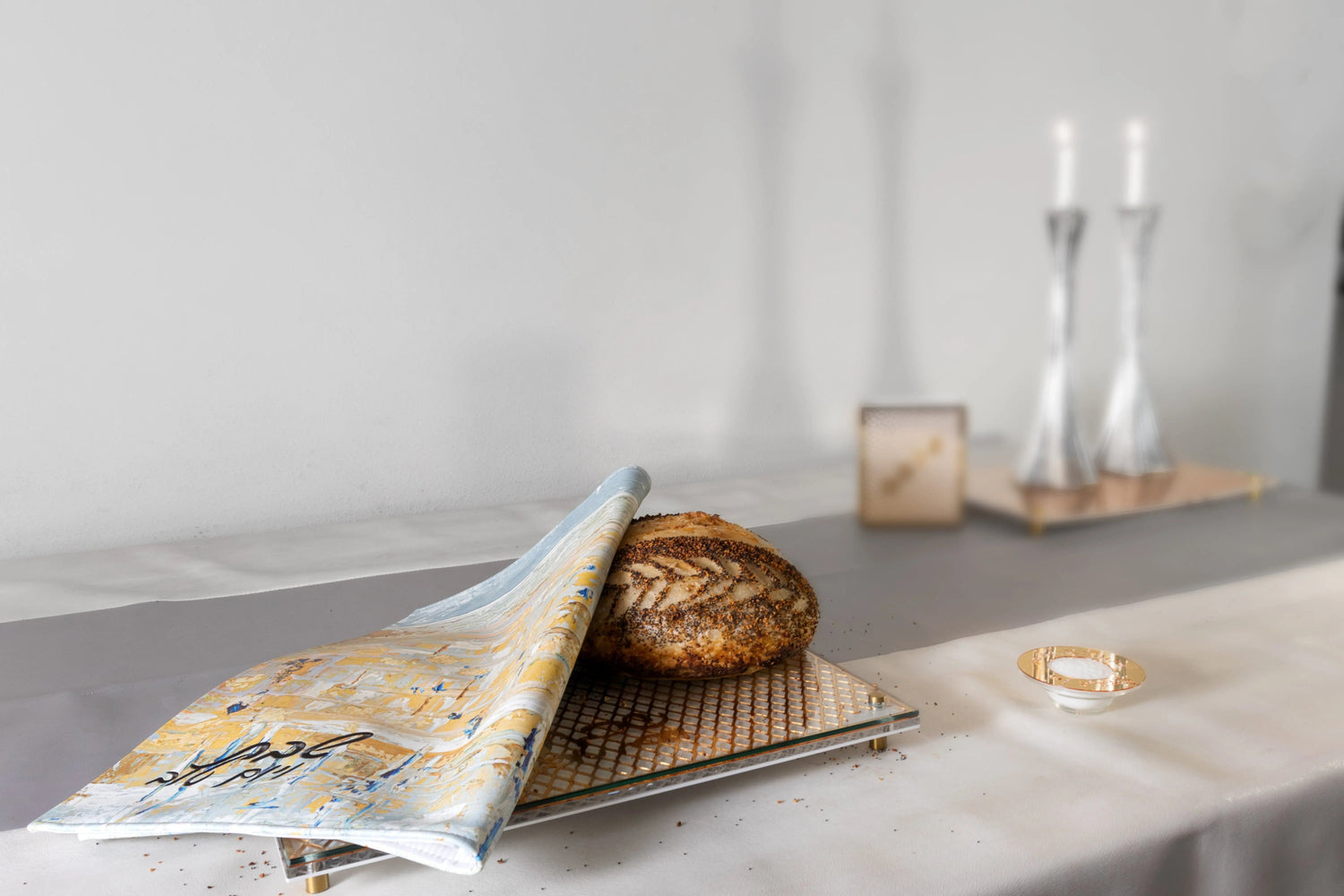 Painted Kosel of Gray & Gold Challah Cover | Judaica Square Lakewood