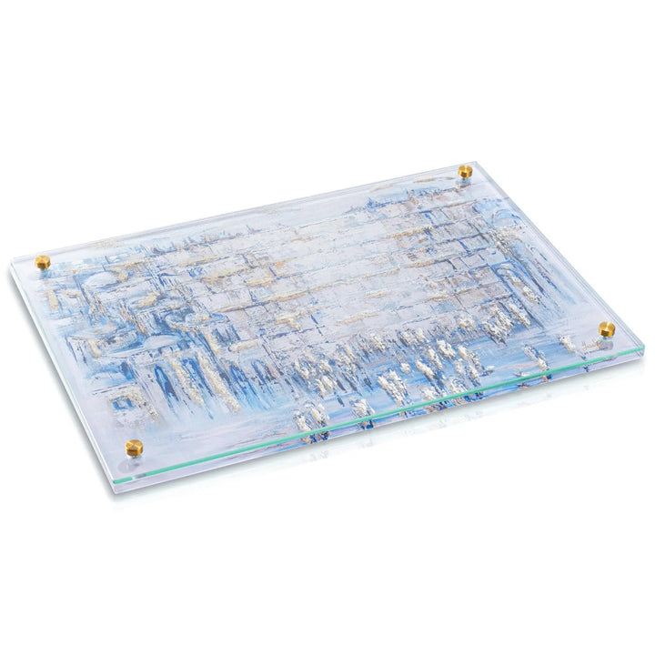 Painted lucite challah board with a blue and gold abstract Kosel design and gold handles