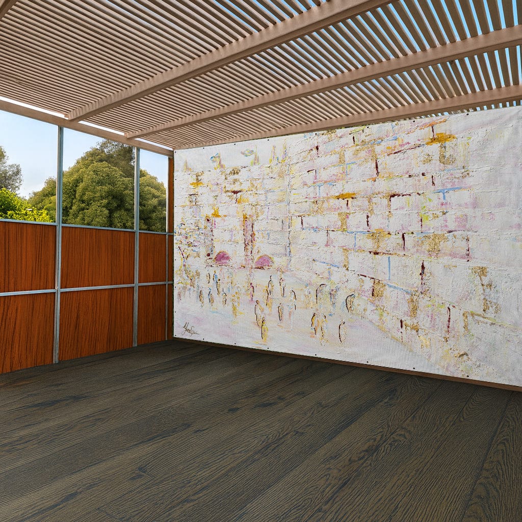 Pastel Kosel vinyl sukkah mural hung on a wood-paneled pergola wall
