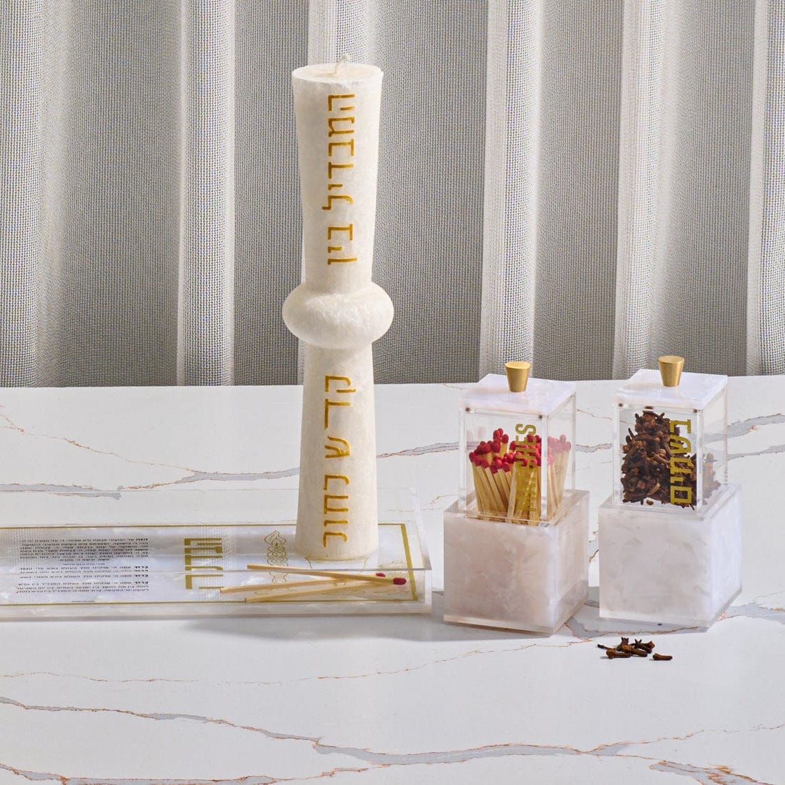 Pearlstone Block Besamim Jar — styled in-room | Judaica Square Lakewood