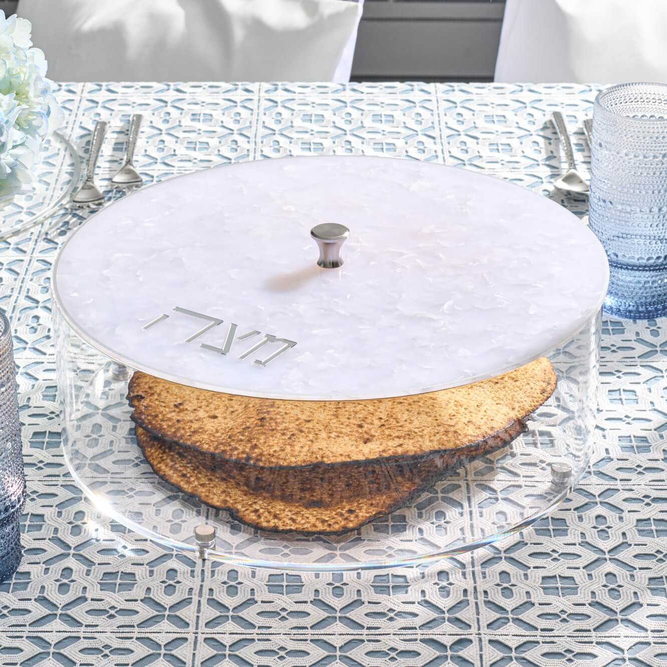 Pearlstone Seder Plate & Matzah Box Set — detail view | Judaica Square Lakewood
