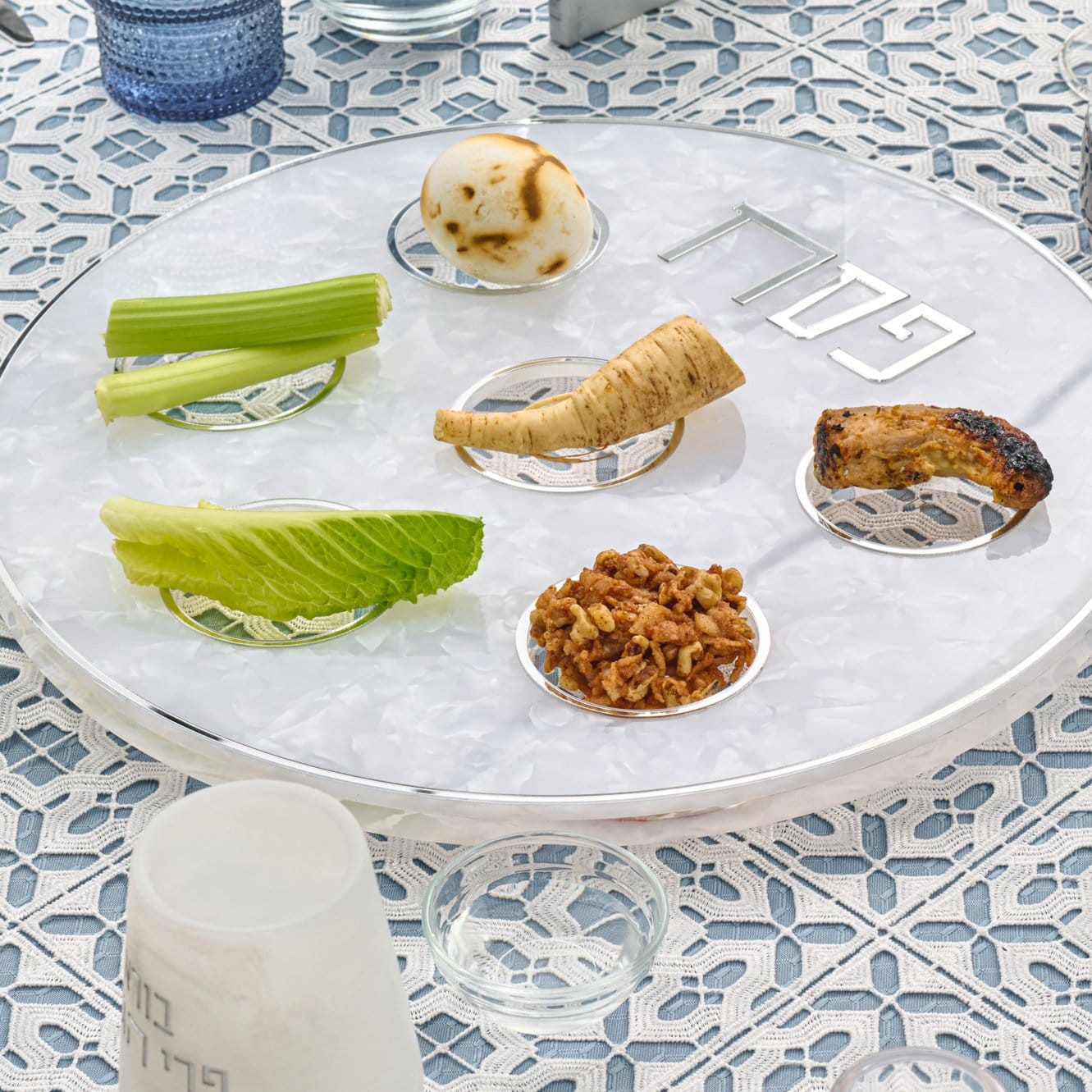 Pearlstone Seder Plate & Matzah Box Set — reverse view | Judaica Square Lakewood