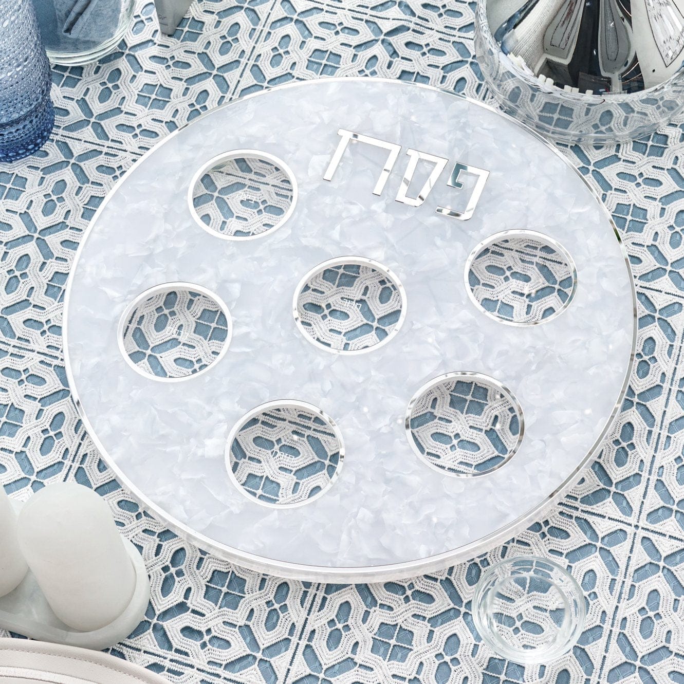 Pearlstone Seder Plate & Matzah Box Set — styled in-room | Judaica Square Lakewood