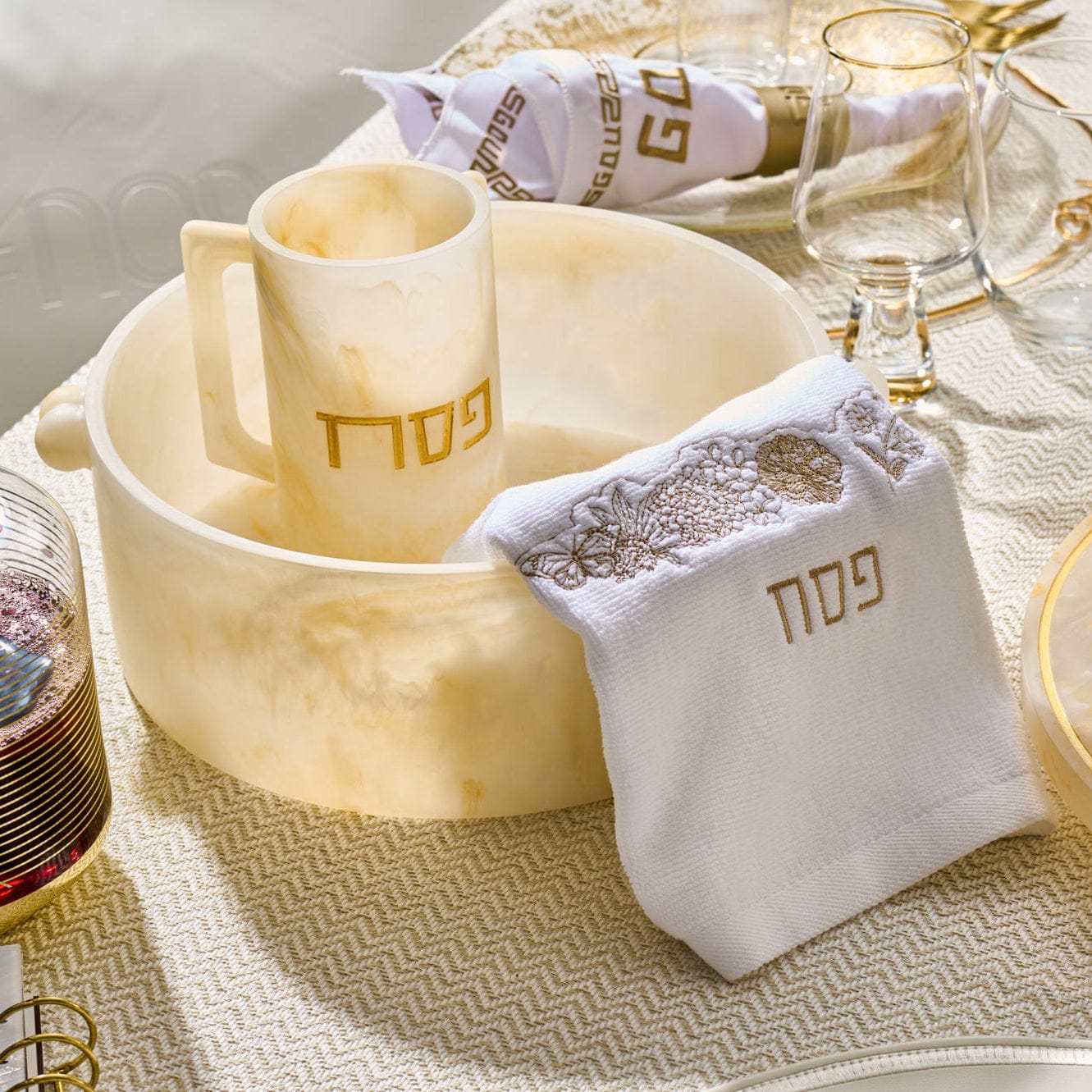 Resin Washing Bowl & Cup — Washing Cup Set by Waterdale Collection — View 2 Polyresin Netilas Yadayim Set | Judaica Square La