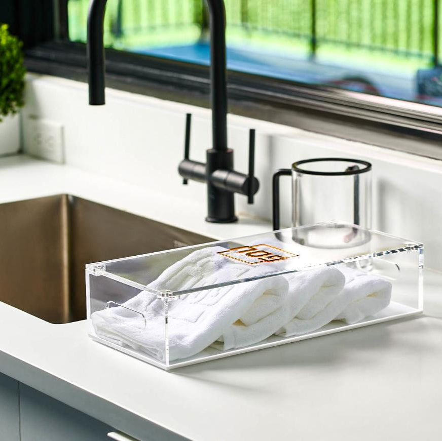 Pesach Towel Box with Towels — side detail | Judaica Square Lakewood