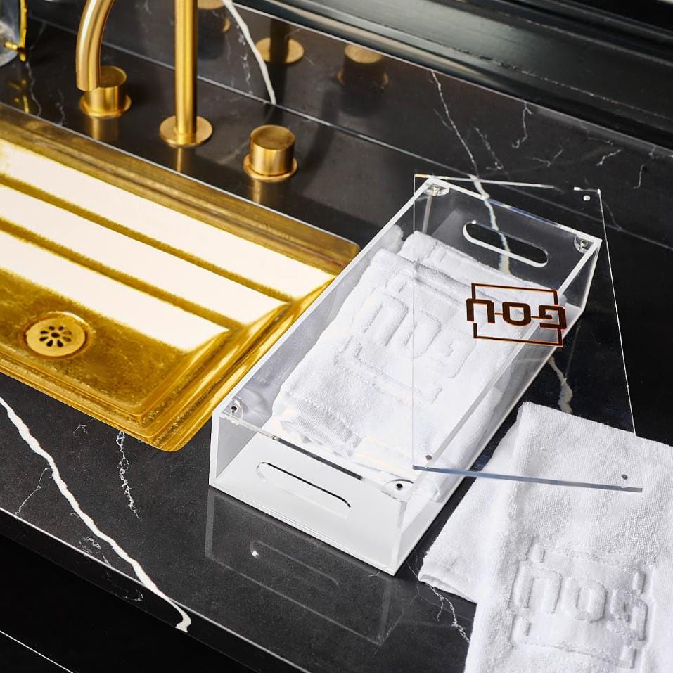 Pesach Towel Box with Towels — styled in-room | Judaica Square Lakewood