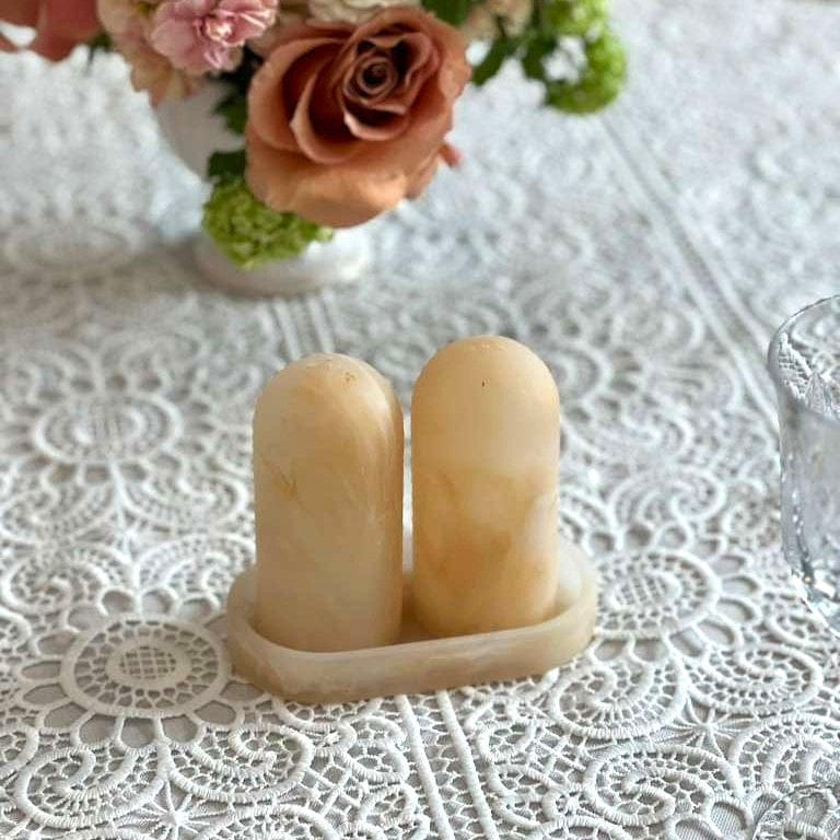 Resin Salt Shaker Set with Tray — detail view | Judaica Square Lakewood