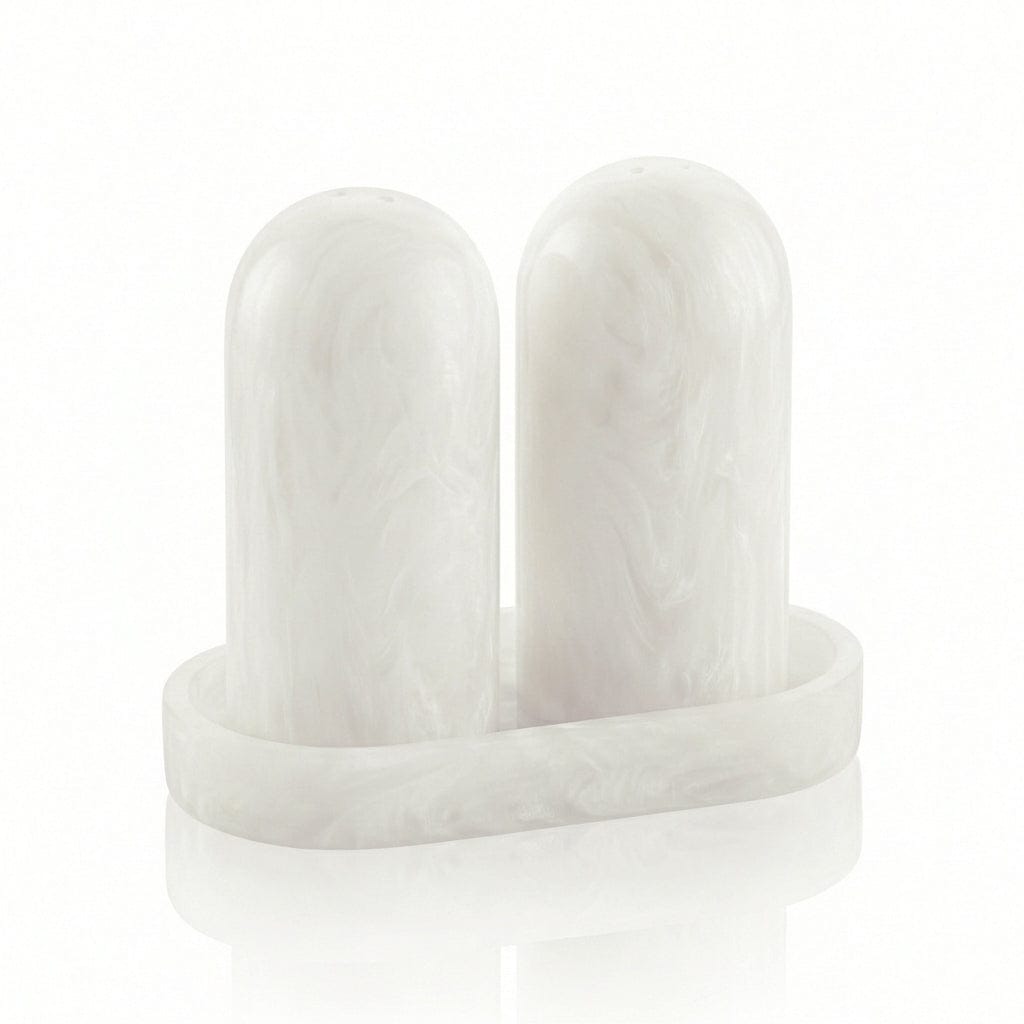 Resin Salt Shaker Set with Tray — closeup | Judaica Square Lakewood