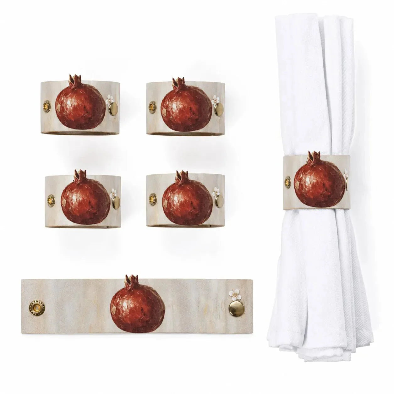 Rosh Hashana Leather Painted Pomegranate Napkin Wrap (4) — Leather Napkin Rings | Judaica Square Lakewood