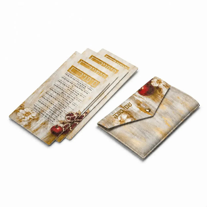 Pomegranate Simanim Cards & Leatherette Pouch, Set of 4