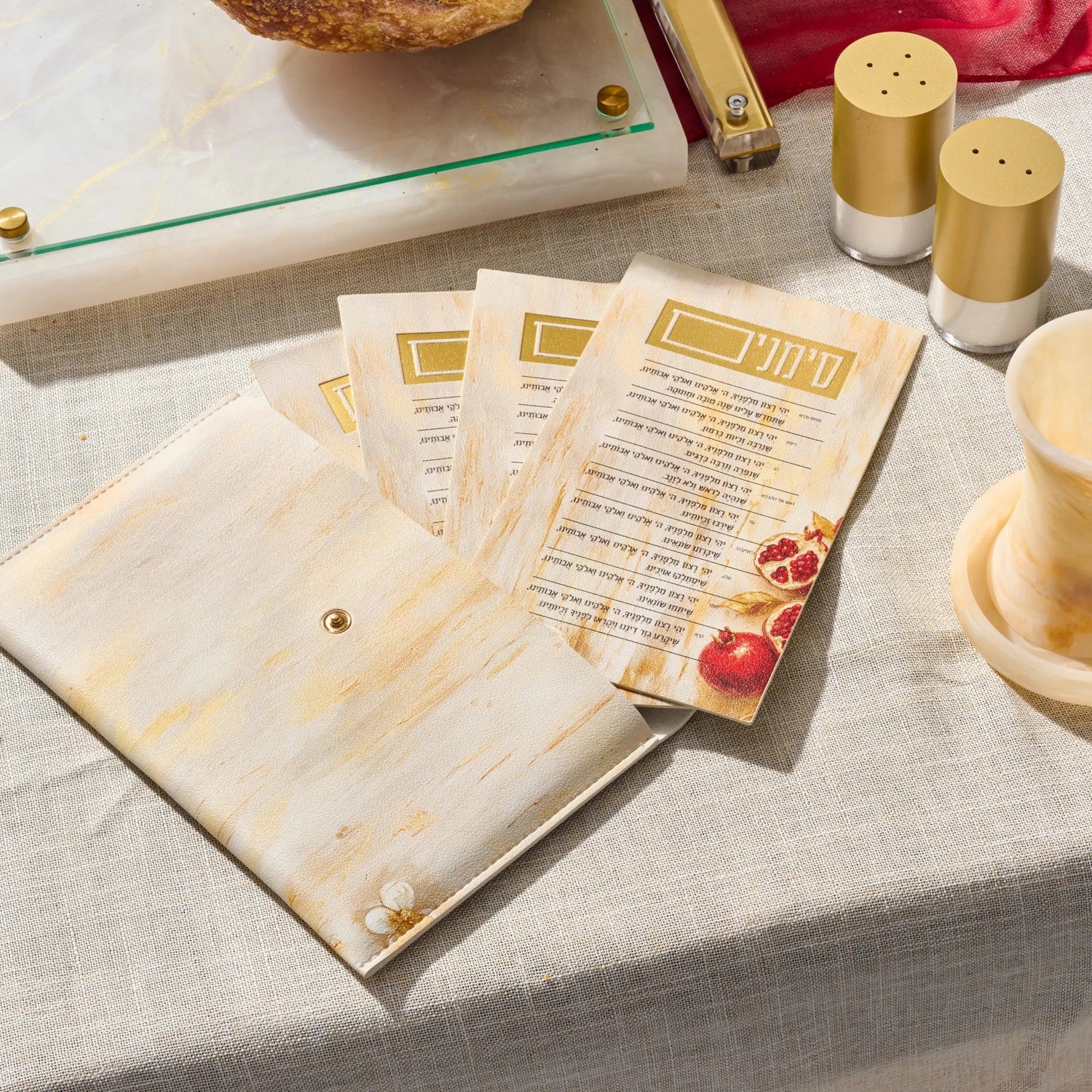 Rosh Hashanah Pomegranate Leather Simanim Cards & Pouch — painted leatherette simanim card set | Judaica Square Lakewood