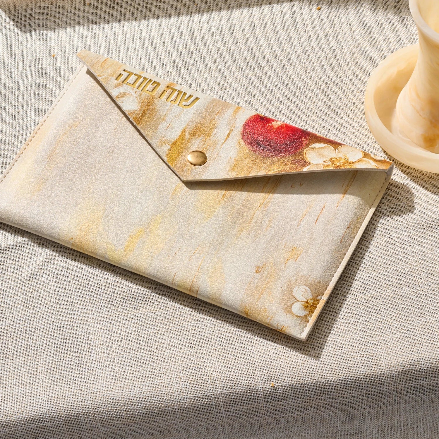 Rosh Hashanah Pomegranate Leather Simanim Cards & Pouch — painted leatherette simanim card set | Judaica Square Lakewood