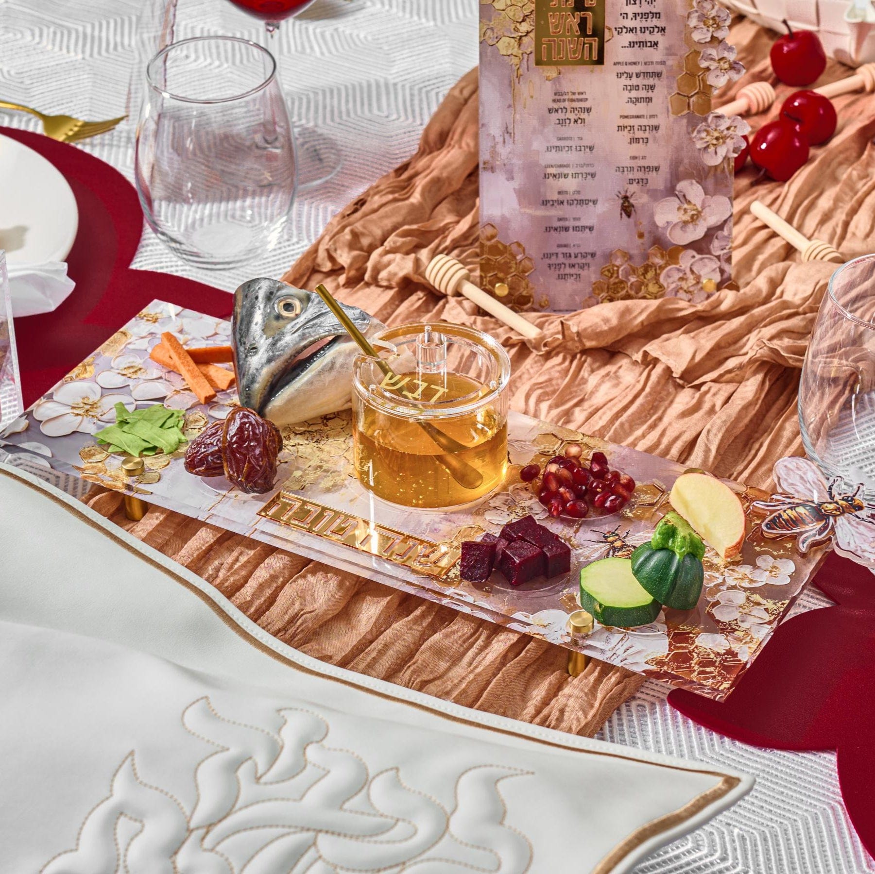 Rosh Hashanah 2025 Painted Tablescape — detail view | Judaica Square Lakewood