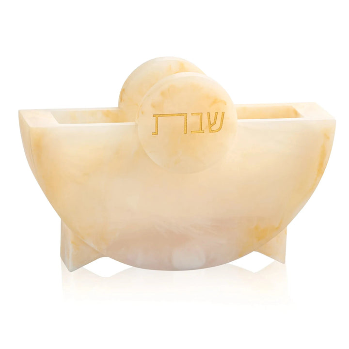 Tan marbled resin napkin holder engraved with the word Shabbos in the center circle