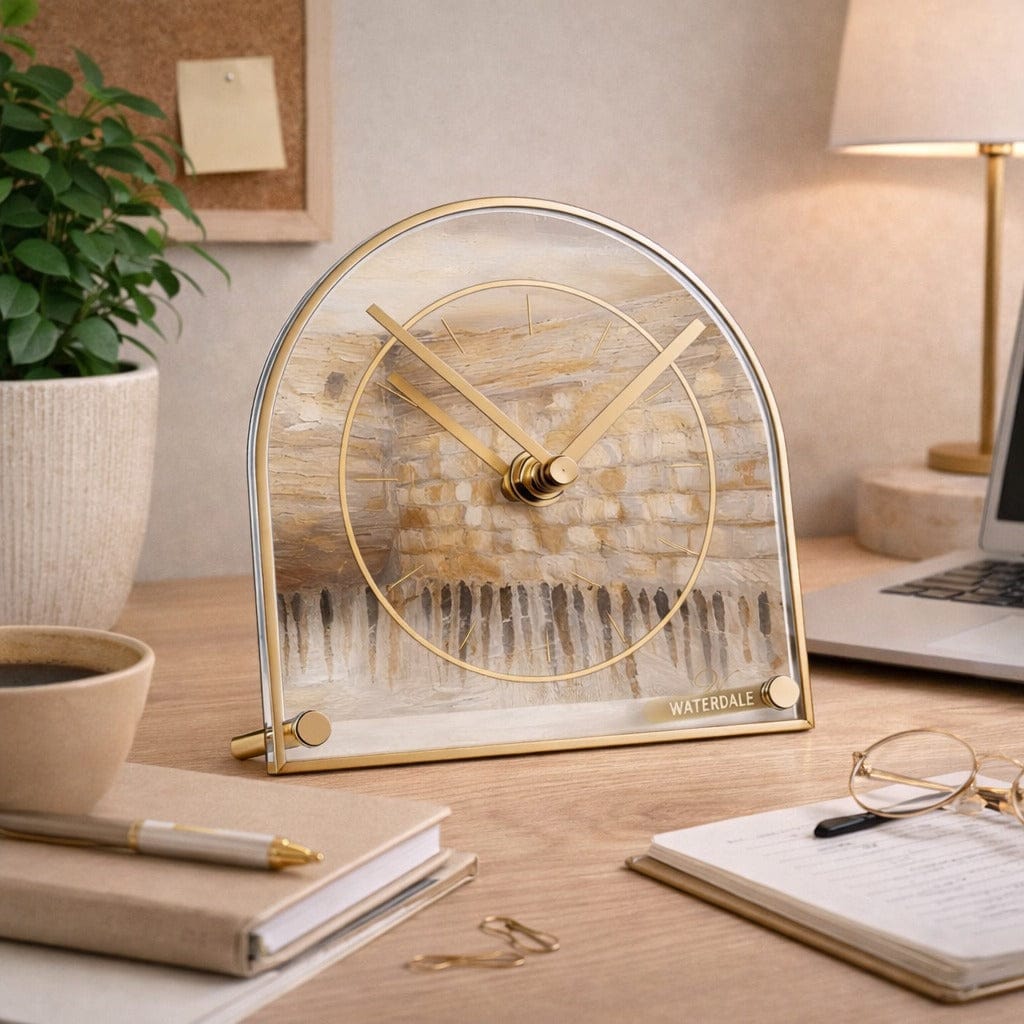 Jerusalem Taupe Basic Desk Clock — styled in-room | Judaica Square Lakewood