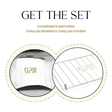 Graphic pairing the gold embroidered challah cover fabric with the lucite challah board corner detail