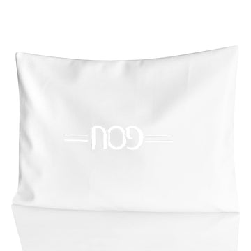 White faux leather pillowcase with an embossed Hebrew wordmark, on a white background