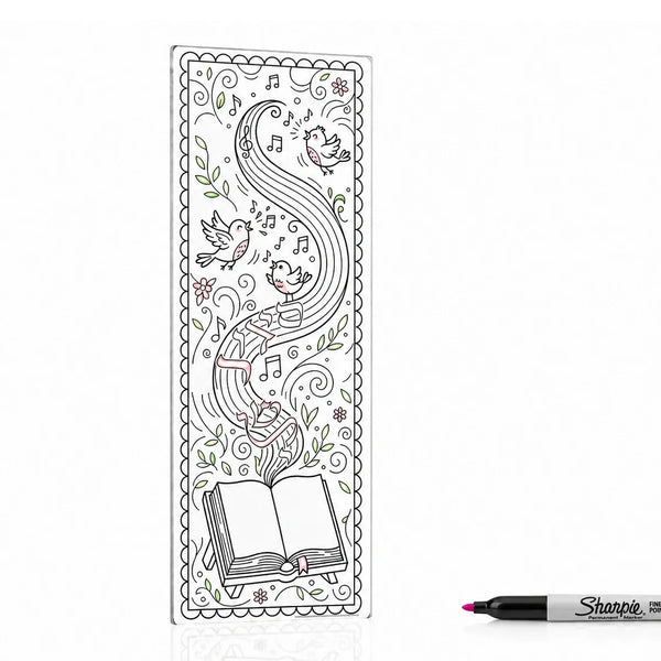 Partially colored bird and music siddur acrylic bookmark with a marker pictured beside it