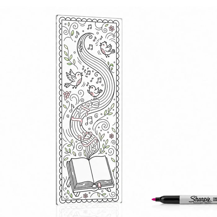 Partially colored bird and music siddur acrylic bookmark with a marker pictured beside it