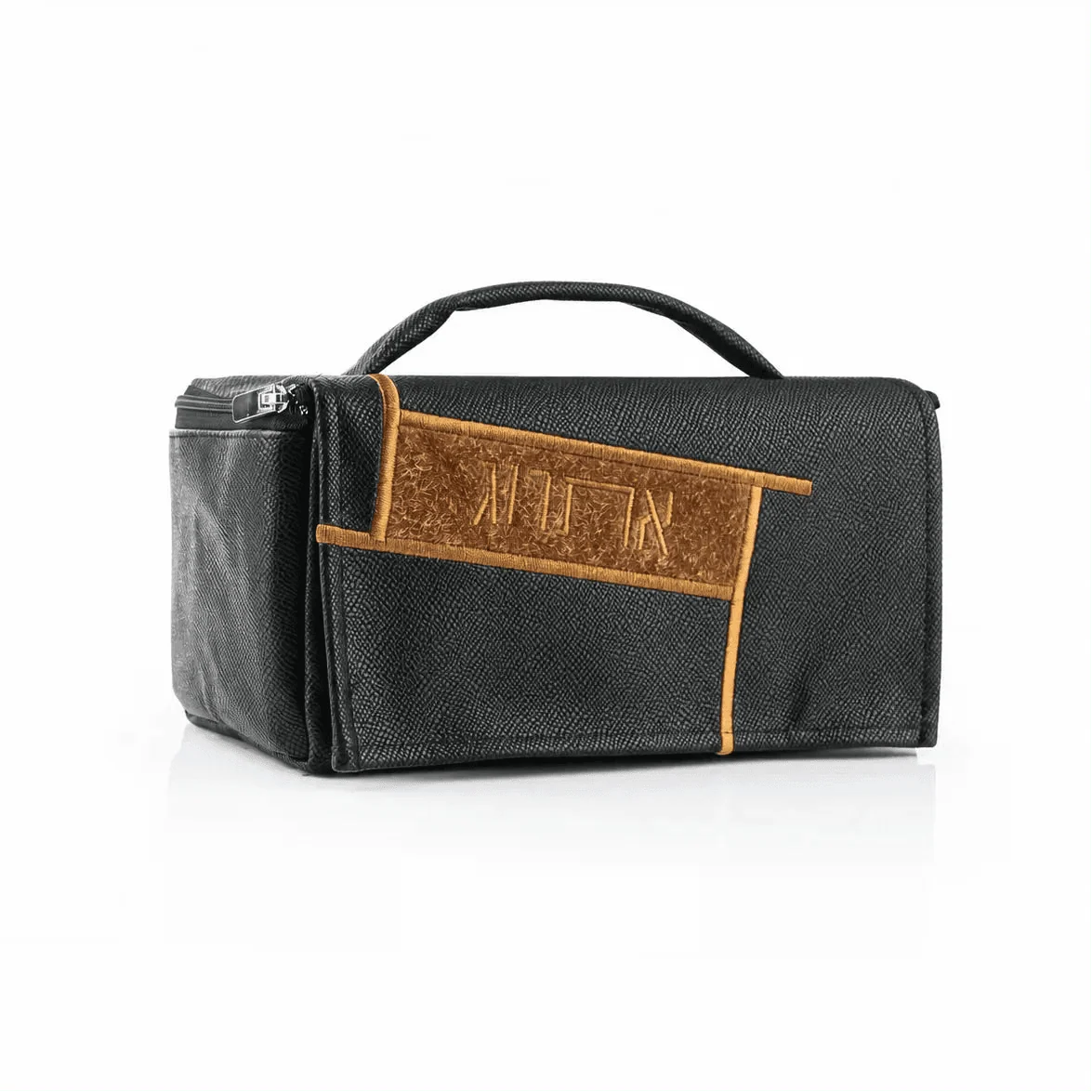 Black Waterdale geometric esrog bag with tan accents, front view