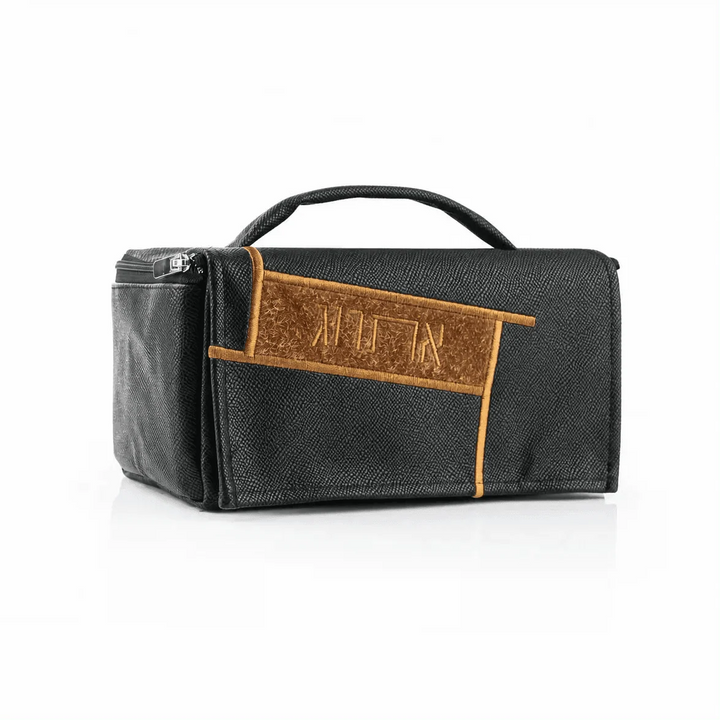 Black Waterdale geometric esrog bag with tan accents, front view