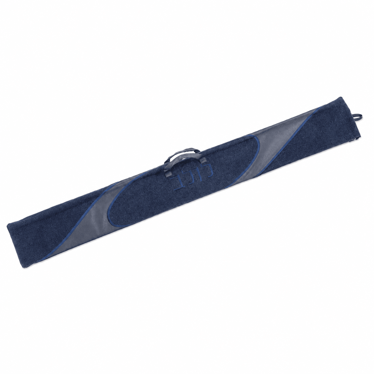 Waterdale Navy 52-inch looped-fur lulav case with grey-blue trim, carry handle, end loop, and Hebrew label