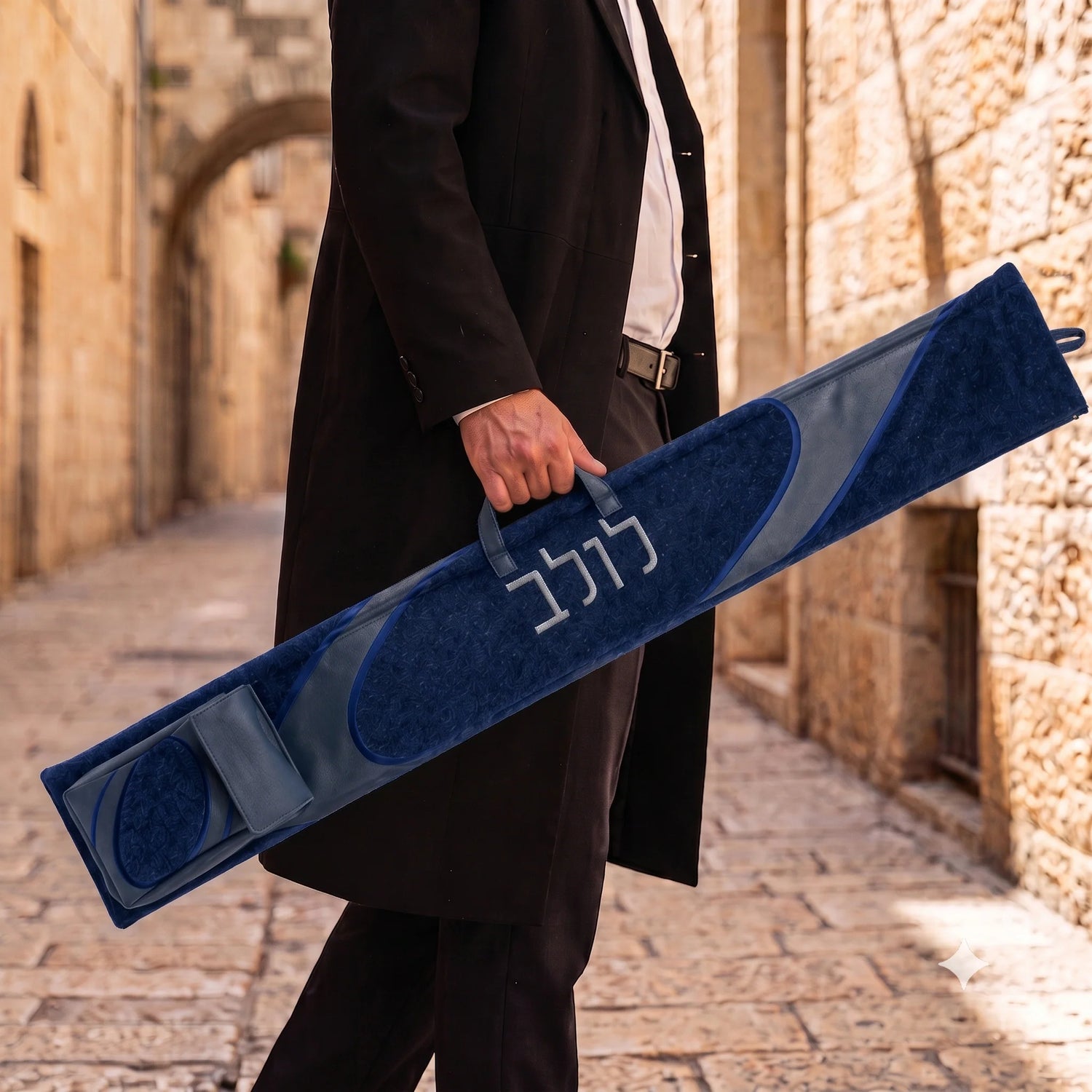 Man carrying Navy Waterdale lulav case with attached esrog bag by its centered handle