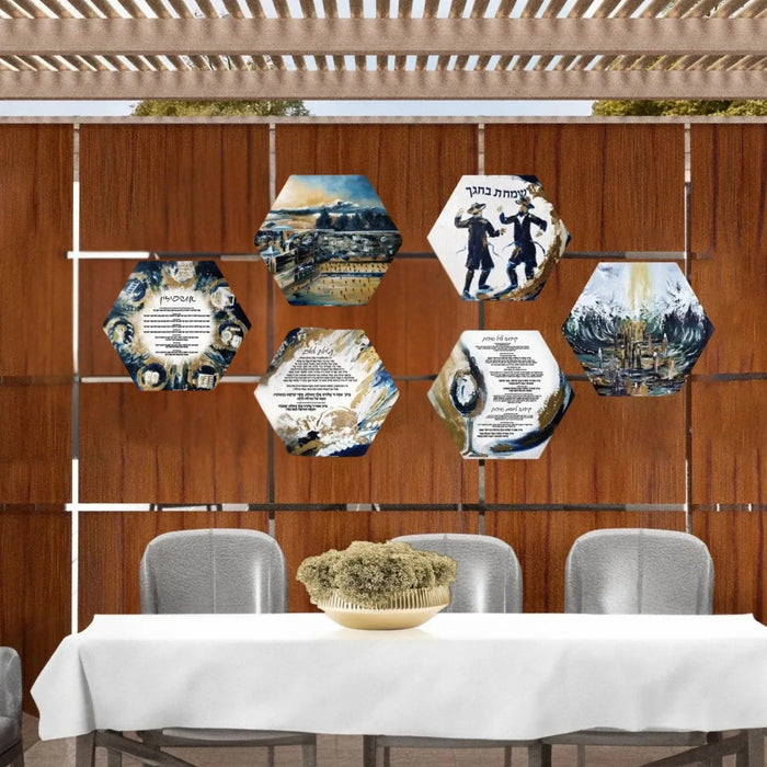 Six Waterdale painted hexagon Lucite sukkah panels arranged on a wooden wall