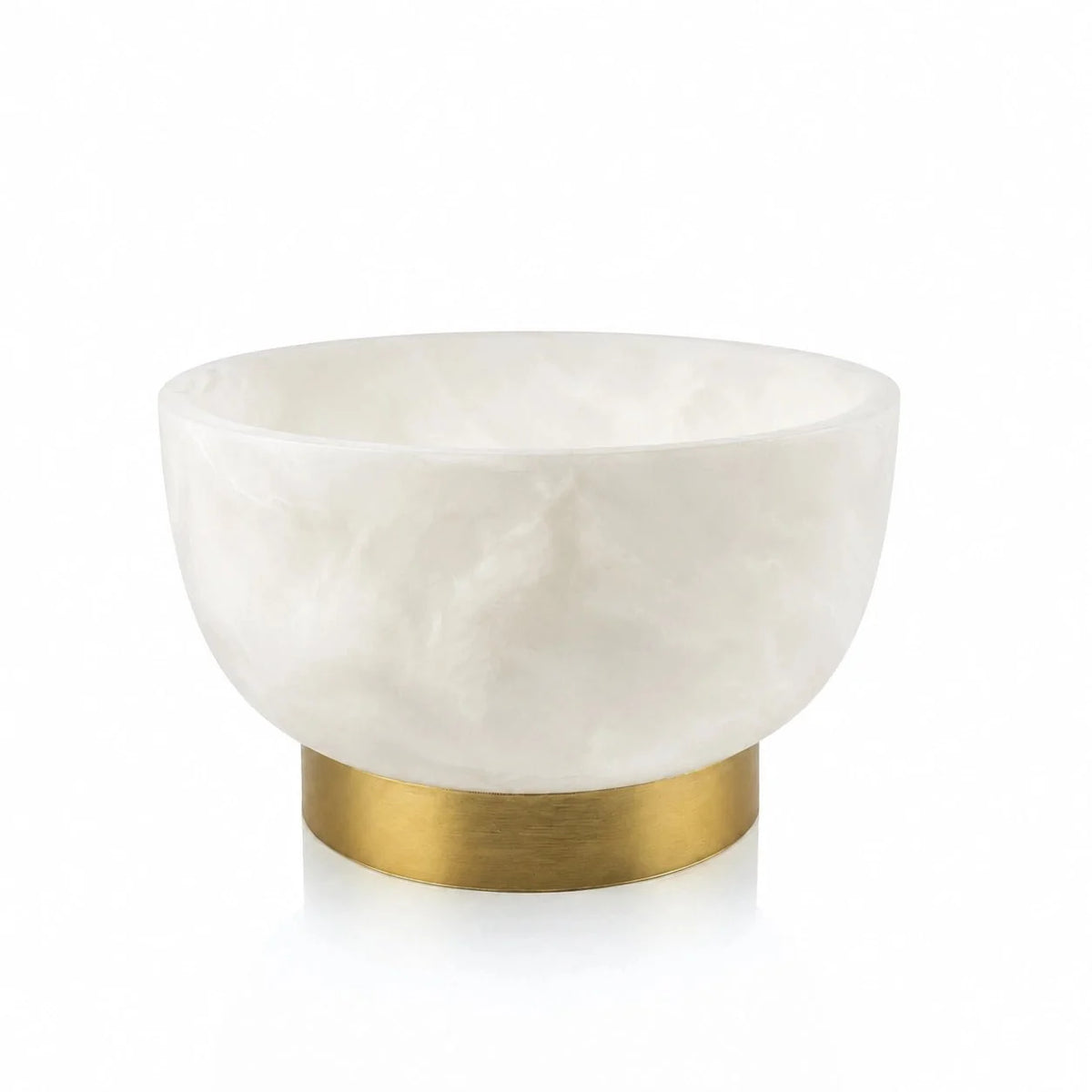 Marbled resin pedestal bowl with gold base, close-up of the rim and marbled texture