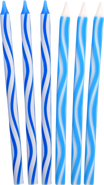 Blue and white Chanukah candles with a wave pattern etched down each candle