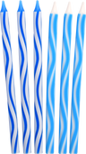 Blue and white Chanukah candles with a wave pattern etched down each candle