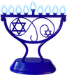 Blue whimsical LED menorah with swirls and Stars of David
