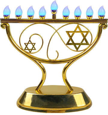 Gold whimsical LED menorah with looping arms and Stars of David