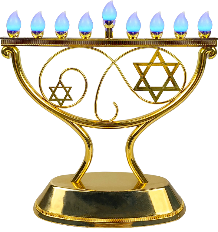 Gold whimsical LED menorah with looping arms and Stars of David