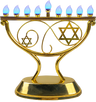 Gold whimsical LED menorah with looping arms and Stars of David