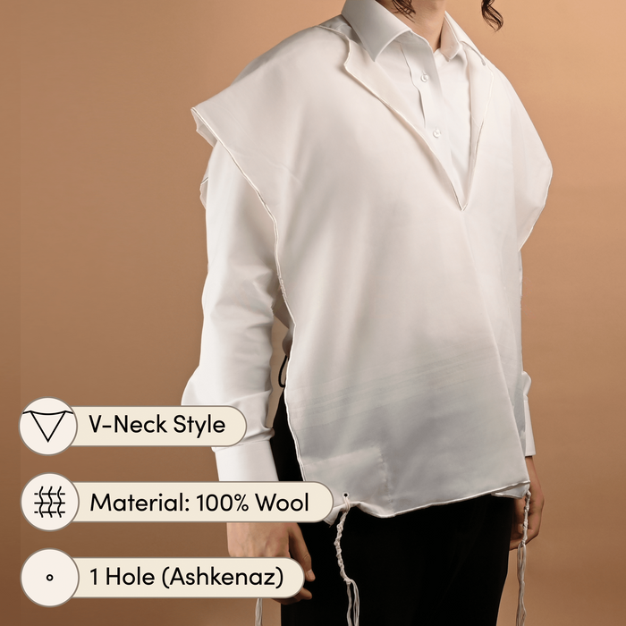White-on-White Wool Tzitzis – V-Neck, 1-Hole
