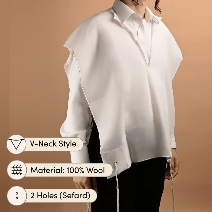 White-on-White Wool Tzitzis – V-Neck, 2-Hole