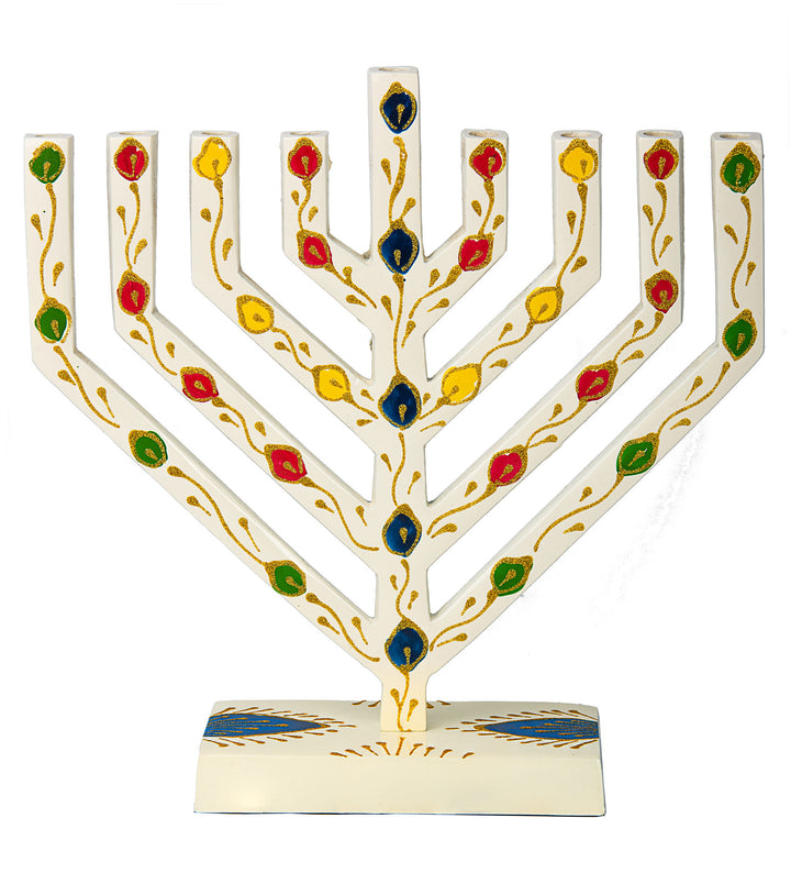 White V shape metal menorah with colored leaves