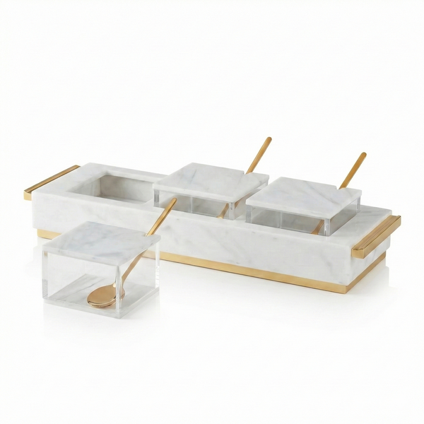 3 Dip Bowl Set — White Marble — Gold — lucite Judaica decor | Judaica Square Lakewood