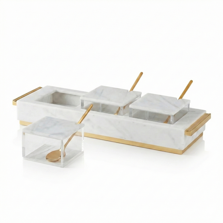 White marble lucite three-bowl dip set with one bowl lifted out of the tray